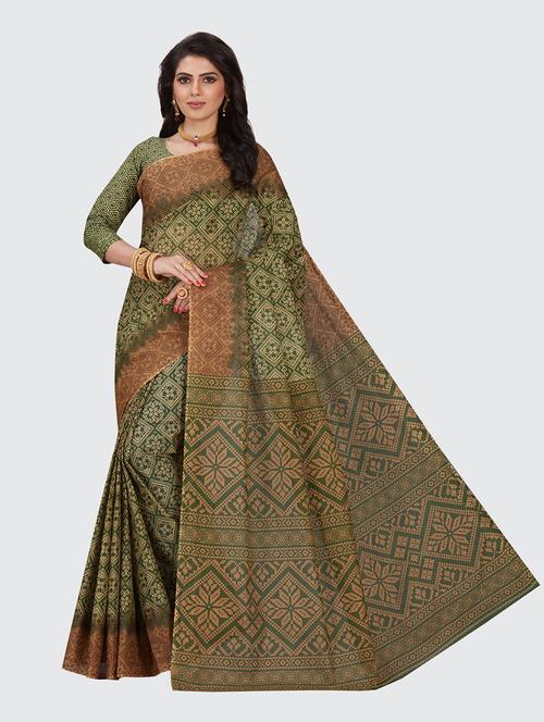 green cotton printed saree with blouse - 18959305 - Very Small Image - 1