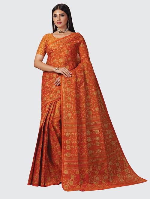 orange cotton printed saree - 18959318 - Very Small Image - 1