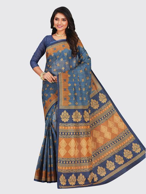dark blue cotton printed saree with blouse - 18959319 - Very Small Image - 1