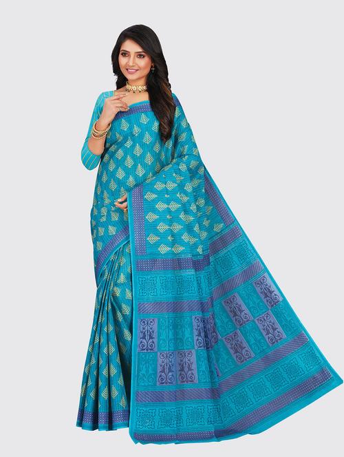 blue cotton printed saree with blouse - 18959333 - Very Small Image - 1