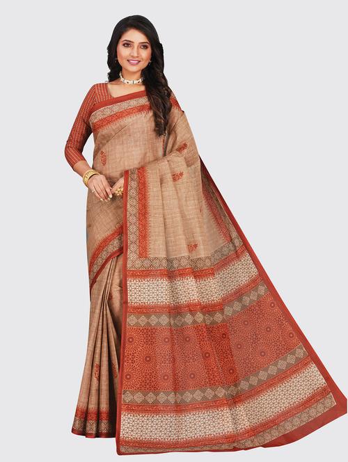brown cotton printed saree with blouse - 18959336 - Very Small Image - 1