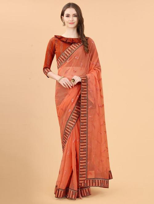 orange coloured embroidered saree - 18961812 - Very Small Image - 1