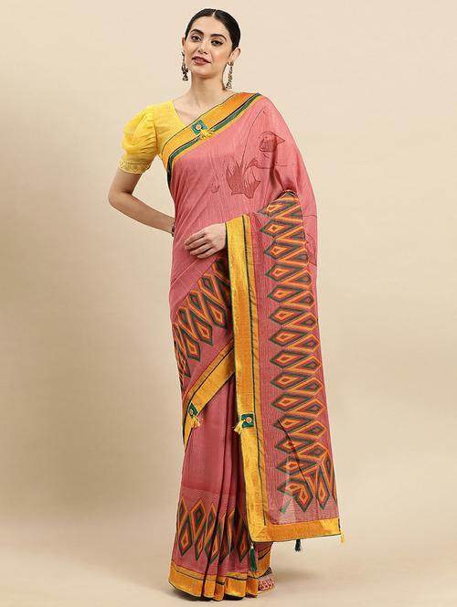 peach printed saree - 18968336 - Very Small Image - 1