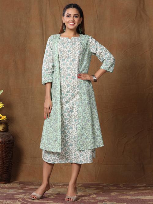 green printed layered three quarter sleeve ethnic dress - 19039206 - Very Small Image - 1