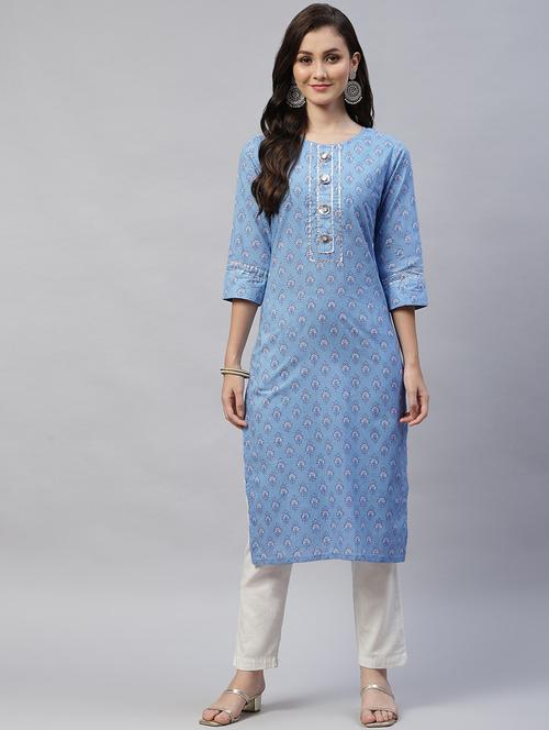 blue printed straight kurti - 19039318 - Very Small Image - 1