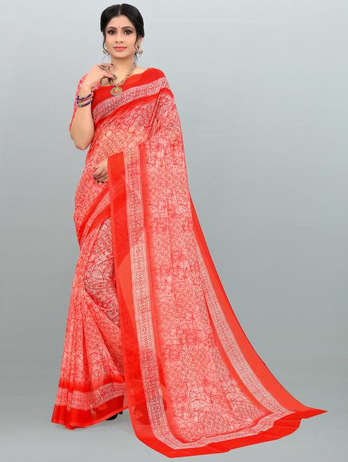 orange printed saree with blouse - 19039368 - Very Small Image - 1