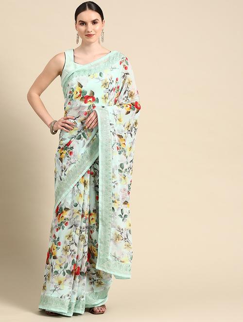 green georgette printed saree with blouse - 19081745 - Very Small Image - 1