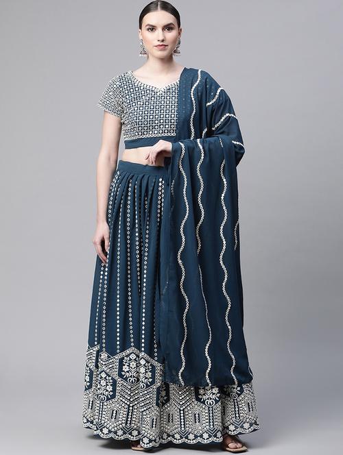 teal blue embroidered lehenga choli with dupatta - 19081749 - Very Small Image - 1