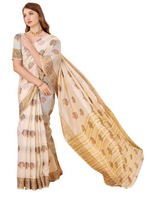 cream cotton silk set saree with blouse - 19082956 - Very Small Image - 1