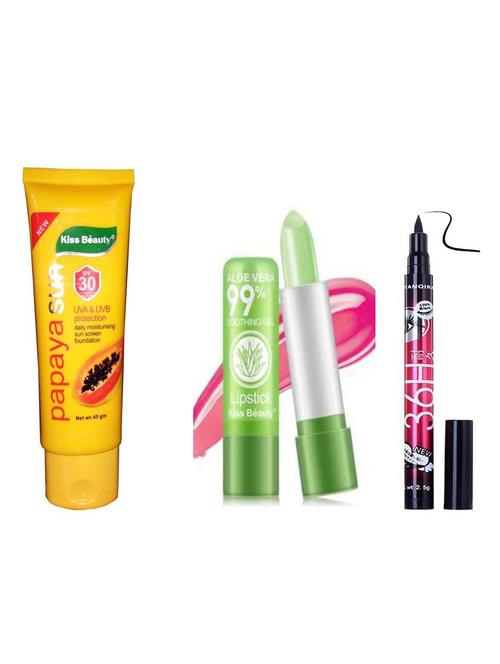 kiss beauty papaya sun screen protection cream foundation, lipstick, eyeliner - 19085717 - Very Small Image - 1