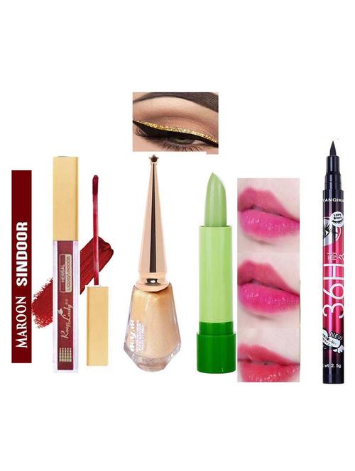 makeup combo maroon sindoor, gold shimmer eyeliner, pink magic lipstick, eyeliner - 19085725 - Very Small Image - 1