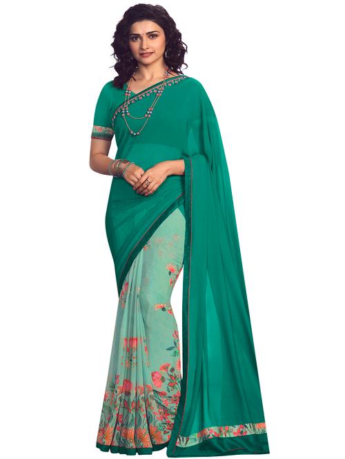 turquoise georgette printed saree with blouse - 19086493 - Very Small Image - 1