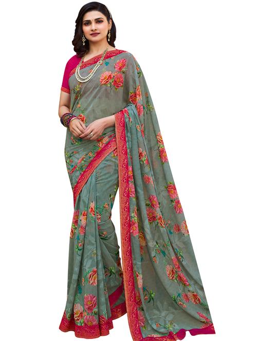 grey georgette printed saree with blouse - 19086499 - Very Small Image - 1