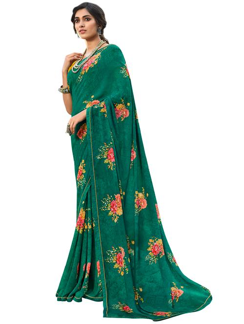 dark green georgette printed saree with blouse - 19086511 - Very Small Image - 1