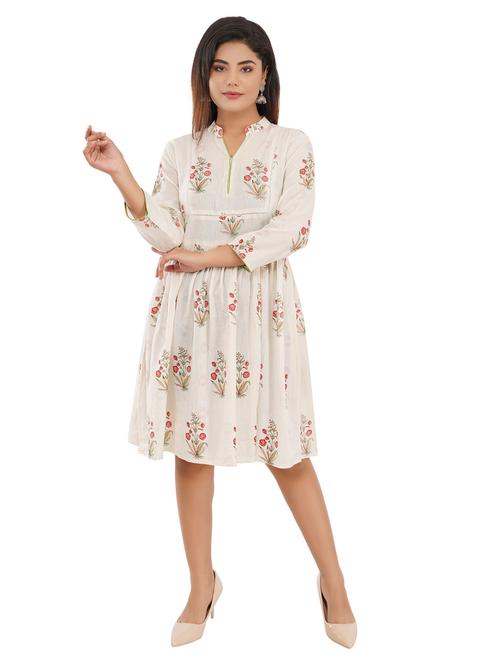 cream printed fit & flare dress - 19086711 - Very Small Image - 1