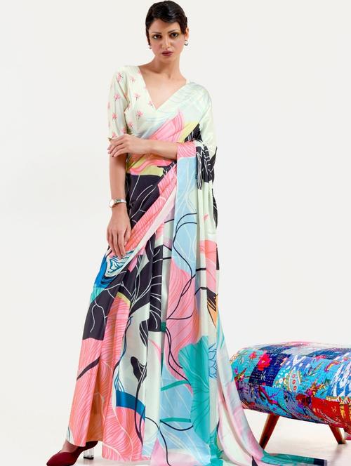 black satin printed saree with blouse - 19088101 - Very Small Image - 1