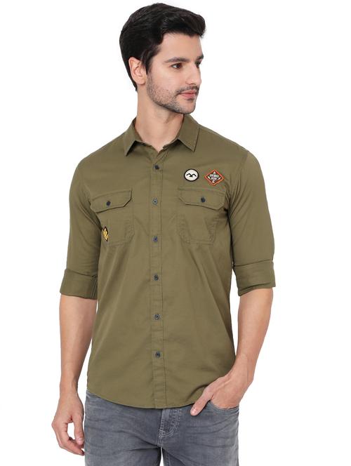 olive green cotton casual shirt - 19088202 - Very Small Image - 1
