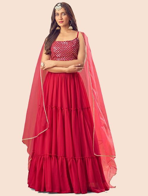 red sequin detailed flared lehenga - 19088898 - Very Small Image - 1