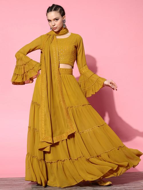yellow solid tiered lehenga - 19100168 - Very Small Image - 1