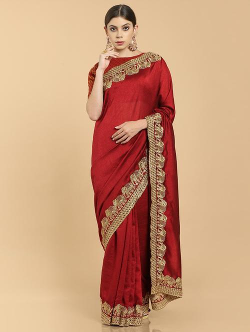 maroon embroidered set saree with blouse - 19101309 - Very Small Image - 1