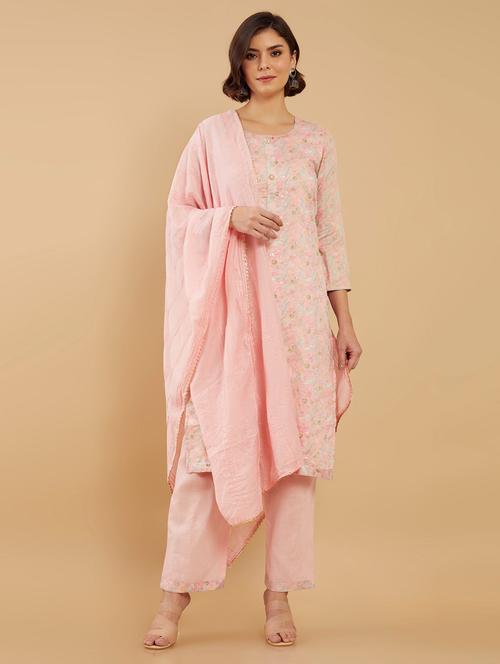 pink printed unstitched suit set - 19101348 - Very Small Image - 1
