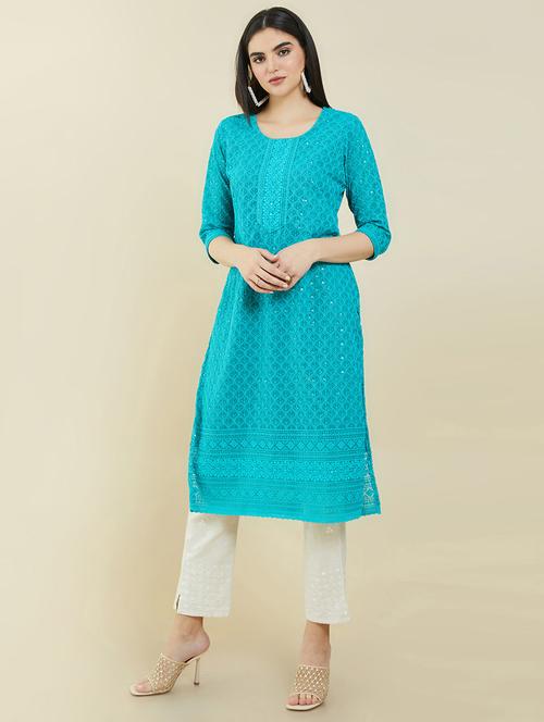 round neck chikankari detailed kurta - 19101490 - Very Small Image - 1