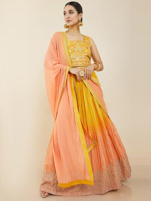 yellow embroidered flared lehenga - 19101499 - Very Small Image - 1