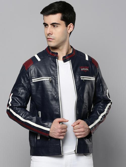 navy blue leather casual jacket - 19101535 - Very Small Image - 1