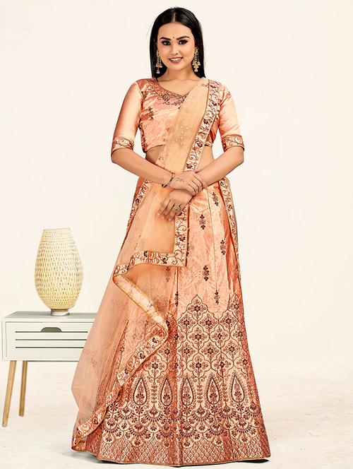 peach embroidered flared lehenga - 19110413 - Very Small Image - 1