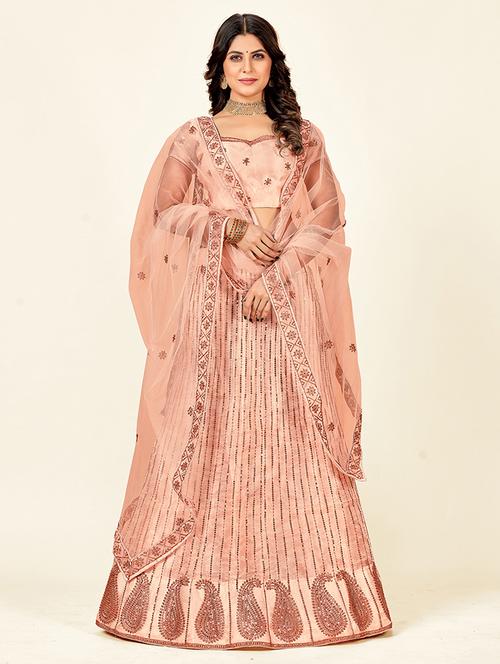 peach sequin detailed flared lehenga - 19110434 - Very Small Image - 1