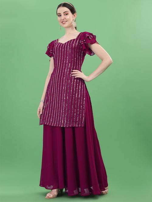 purple embroidered semi-stitched suit - 19111157 - Very Small Image - 1
