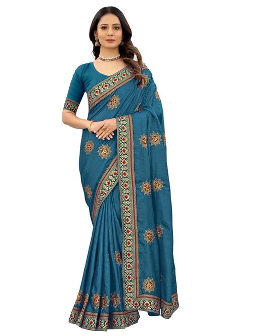 light blue printed saree with blouse - 19118309 - Very Small Image - 1