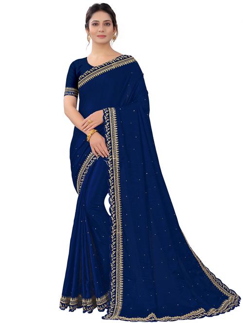 dark blue solid saree with blouse - 19118395 - Very Small Image - 1