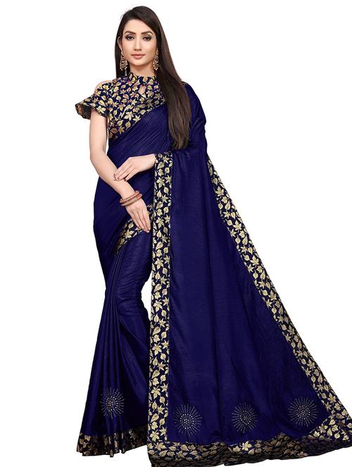 dark blue solid saree with blouse - 19118428 - Very Small Image - 1
