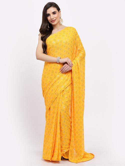 yellow printed saree with blouse - 19122056 - Very Small Image - 1