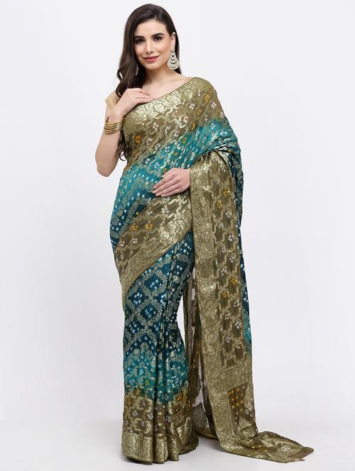 blue bandhani saree with blouse - 19122092 - Very Small Image - 1