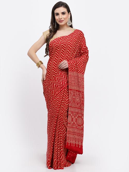 red printed saree - 19122097 - Very Small Image - 1