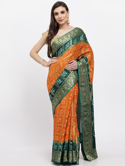 orange bandhani saree - 19122102 - Very Small Image - 1
