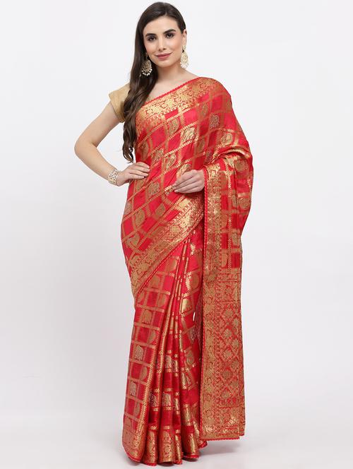 red self design woven saree with blouse - 19122103 - Very Small Image - 1