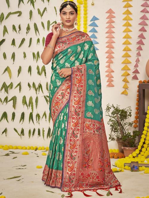 women's self design sea green colored saree with blouse - 19126390 - Very Small Image - 1