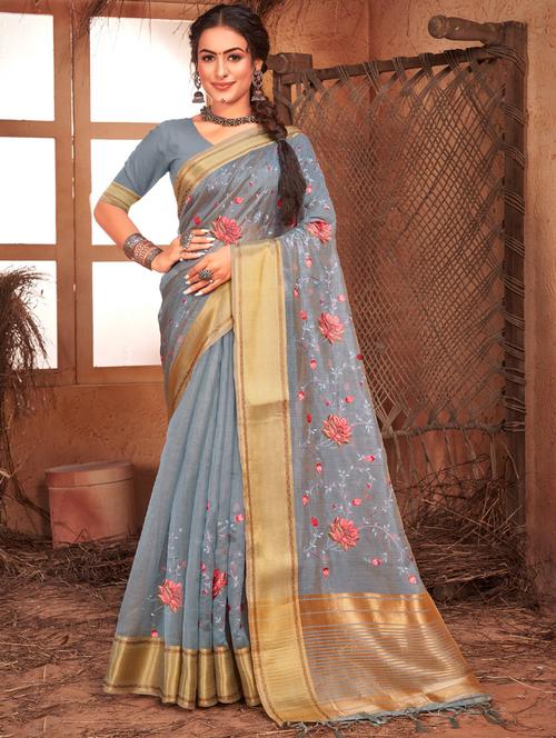 women's embroidered saree with blouse - 19126409 - Very Small Image - 1