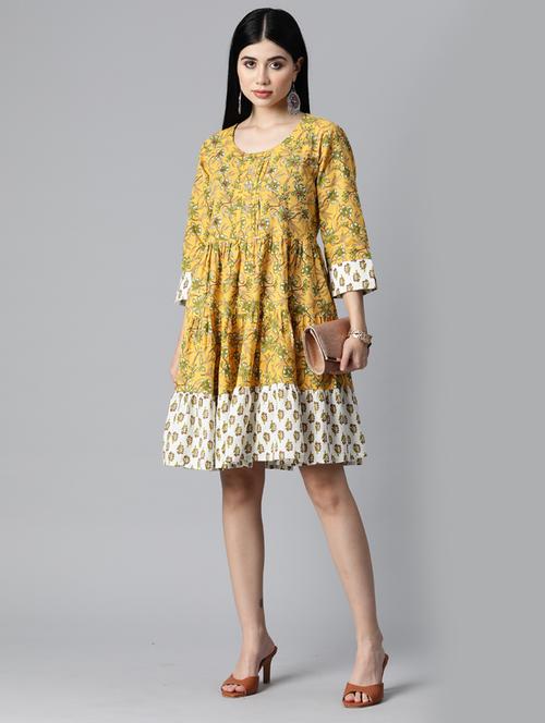 yellow printed flared ethnic dress - 19126546 - Very Small Image - 1