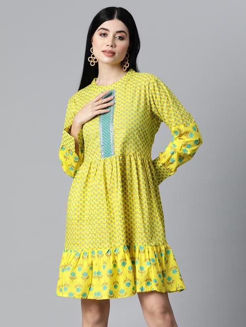 lime printed flared ethnic dress - 19126550 - Very Small Image - 1