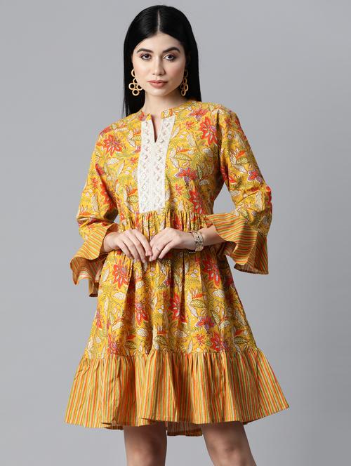 yellow printed flared ethnic dress - 19126552 - Very Small Image - 1