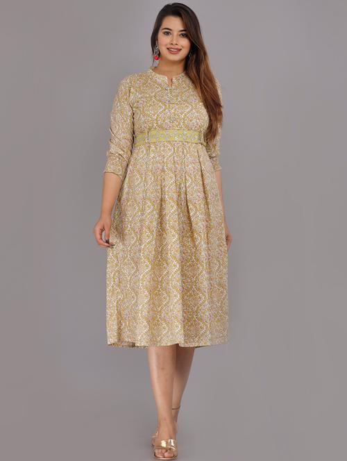 yellow printed flared ethnic dress - 19126556 - Very Small Image - 1