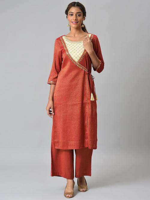 red embroidered kurta palazzo set - 19127836 - Very Small Image - 1