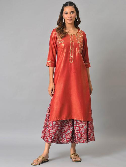 red embroidered kurta palazzo set - 19127865 - Very Small Image - 1