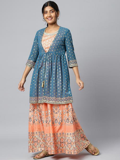 peach printed kurta palazzo set - 19127885 - Very Small Image - 1