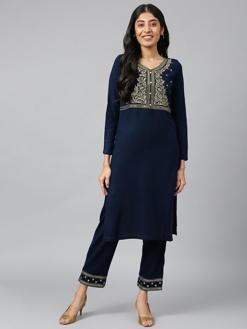 navy blue embroidered kurta pant set - 19127956 - Very Small Image - 1