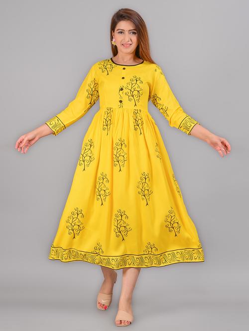 yellow printed three quarter sleeve dress - 19128151 - Very Small Image - 1